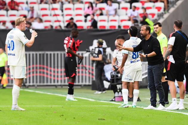 OGC Nice v RC Strasbourg Alsace - Ligue 1 McDonald s 2026 2027 Conrad HARDER of Strasbourg and Hugo OLIVEIRA Head Coach of RC Strasbourg during Ligue 1 McDonald s match between Nice and Strasbourg at Allianz Riviera Stadium on October 11, 2026 in Nice, France. Nice France  Copyright: xIconxSportx 776573383