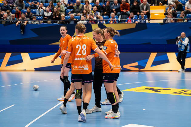 HSG Blomberg Lippe GER vs. Odense Handbold DEN, Handball, EHF Champions League Women, Group Stage, October 11, 2026, 2026–2027 Season, Lemgo: The players from Odense Handbold (DEN) celebrate after their victory over HSG Blomberg Lippe (GER) at the Phoenix Contact Arena in Lemgo, Germany