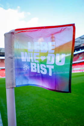 October 11, 2026, xkwix, Soccer, Bundesliga, 1. FC Köln vs. Borussia Mönchengladbach, RheinEnergieSTADION, Matchday 5, 2026–2027 season, Corner flag with Live as You Are lettering. DFB regulations prohibit any use of photographs as image sequences and or quasi-video. Photo: xKamilxWilkowskixPressefotoKochx, North Rhine-Westphalia, Germany