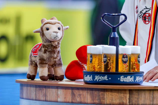 October 11, 2026, xkwix, Soccer, Bundesliga, 1. FC Köln vs. Borussia Mönchengladbach, RheinEnergieSTADION, Matchday 5, 2026–2027 season. Hennes the Goat, the mascot, with a beer at a bar. DFB regulations prohibit any use of photographs as image sequences and or quasi-video. Photo: xKamilxWilkowskixPressefotoKochx, North Rhine-Westphalia, Germany