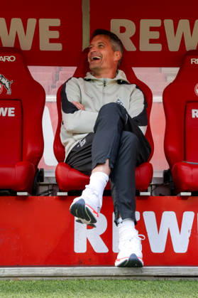 October 11, 2026, xkwix, Soccer, Bundesliga, 1. FC Köln vs. Borussia Mönchengladbach, RheinEnergieSTADION, Matchday 5, 2026–2027 season: Alexander Blessin, Borussia Mönchengladbach coach, laughing on the bench before the game. DFB regulations prohibit any use of photographs as image sequences and or quasi-video. Photo: xKamilxWilkowskixPressefotoKochx, North Rhine-Westphalia, Germany