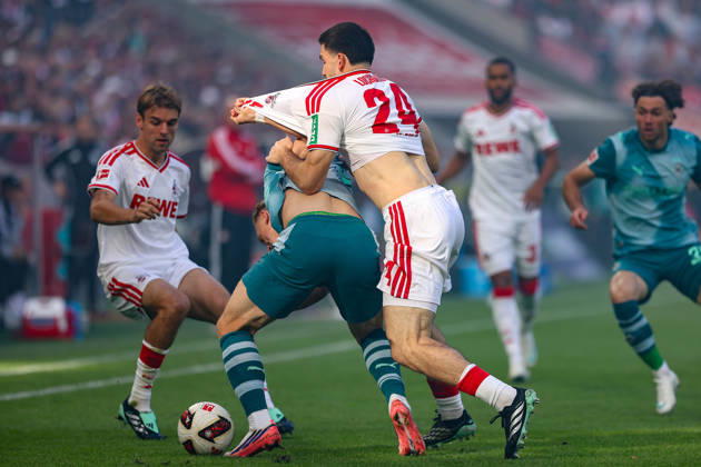 October 11, 2026, xkwix, Soccer, Bundesliga, 1. FC Köln vs. Borussia Mönchengladbach, RheinEnergieSTADION, Matchday 5, 2026–2027 Season: Luka Lochoshvili of 1. FC Köln (No. 24) in a tackle against Isac Lidberg of Borussia Mönchengladbach (No. 3). DFB regulations prohibit any use of photographs as image sequences and or quasi-video. Photo: xKamilxWilkowskixPressefotoKochx, North Rhine-WestGermany