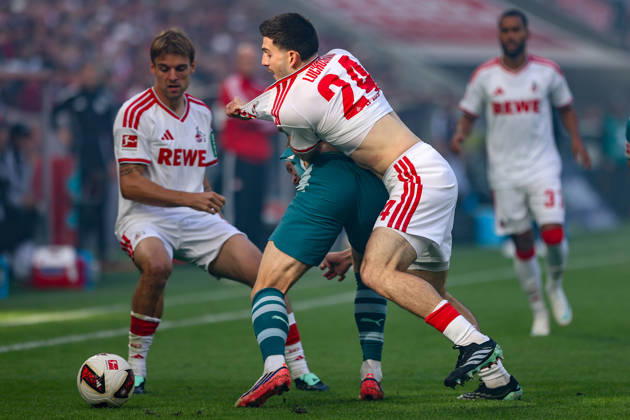 October 11, 2026, xkwix, Soccer, Bundesliga, 1. FC Köln vs. Borussia Mönchengladbach, RheinEnergieSTADION, Matchday 5, 2026–2027 Season: Luka Lochoshvili of 1. FC Köln (No. 24) in a tackle against Isac Lidberg of Borussia Mönchengladbach (No. 3). DFB regulations prohibit any use of photographs as image sequences and or quasi-video. Photo: xKamilxWilkowskixPressefotoKochx, North Rhine-WestGermany