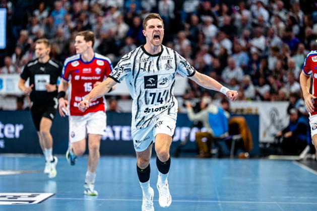 October 11, 2026, xdobgx, Opel HBL Handball, THW Kiel vs. Handball Club Hamburg, left: Vincent Büchner (Kiel), 74, cheering, goal celebration, celebrating the goal, celebration (Kiel)