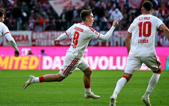 Cologne, Germany, Bundesliga 1, Matchday 5, Rhein Energie Stadium Cologne, 1. FC Köln vs. Borussia Mönchengladbach: Isak Johannesson celebrates after scoring. Celebration, Joy, Action