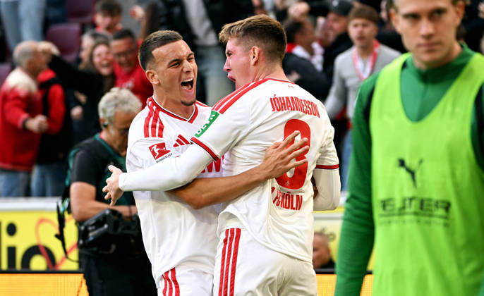 Cologne, Germany, Bundesliga 1, Matchday 5, Rhein Energie Stadium Cologne, 1. FC Köln vs. Borussia Mönchengladbach; Isak Johannesson of 1. FC Köln celebrates after scoring, along with Said El Mala of 1. FC Köln; Celebration, Joy, Action