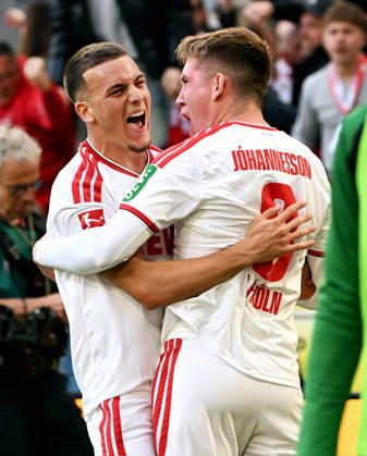 Cologne, Germany, Bundesliga 1, Matchday 5, Rhein Energie Stadium Cologne, 1. FC Köln vs. Borussia Mönchengladbach; Isak Johannesson of 1. FC Köln celebrates after scoring, along with Said El Mala of 1. FC Köln; Celebration, Joy, Action