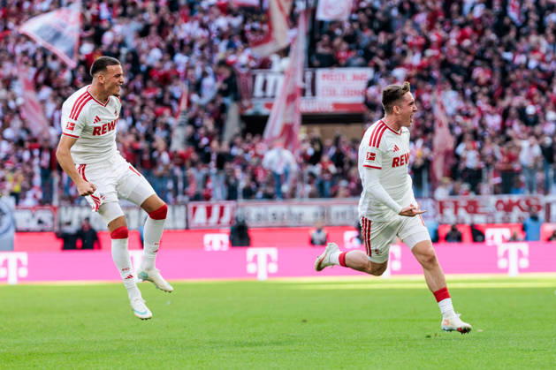 KOELN, GERMANY - OCTOBER 11: Isak Johannesson (1. FC Koeln, 8) celebrates scoring the 1:0 goal with Said El Mala (1. FC Koeln, 10) during the Bundesliga match between 1. FC Koeln vs. Borussia Moenchengladbach at Rheinenergie-Stadion on matchday 5 of the 1. Bundesliga on October 11, 2026 in Koeln, Germany. DFL REGULATIONS PROHIBIT ANY USE OF PHOTOGRAPHS AS IMAGE SEQUENCES AND OR QUASI-VIDEO. North Rhine Westphalia Germany Copyright: xSteffiexWunderlx