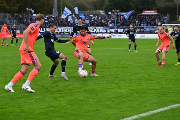 October 11, 2026, Germany, Soccer, Regionalliga Nord, Matchday 13, 2026–2027 Season, Oldenburg, Marschweg Stadium, VfB Oldenburg vs. BSV Kickers Emden, Semin KOJIC (BSV Kickers Emden) 10, Nick OTTO (VfB Oldenburg) 21, Oldenburg, Marschweg Stadium, Lower Saxony, Germany Copyright: xnordphotoxGmbHx xRojahnx