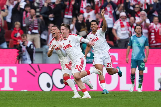 October 11, 2026, xydrx, Men s, Soccer, Bundesliga 1, 1. FC Köln vs. Borussia Mönchengladbach, 2026–2027 season, RheinEnergieSTADION: Celebration after the 1–0 goal for 1. FC Köln scored by Isak Johannesson (1. FC Köln, No. 8), along with Said El Mala (1. FC Köln, No. 10) and Jahmai Simpson Pusey (1. FC Köln, 22 DFB regulations prohibit any use of photographs as image sequences and or quasi-video Copyright: HMBxMedia YannisxDreimann