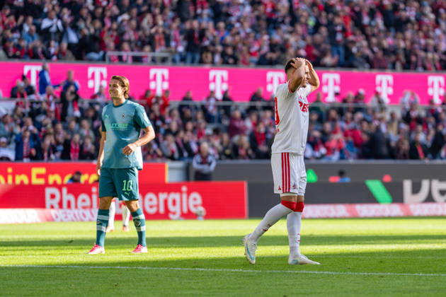Florian Neuhaus of Borussia Mönchengladbach, 10, laughs; Said El Mala of 1. FC Köln, 10, holds his head after a shot on goal. 1. FC Köln vs. Borussia Mönchengladbach, soccer, Bundesliga, Matchday 5, 2026–27 season, October 12, 2026; DFL regulations prohibit any use of photographs as image sequences and or quasi-video, 1. FC Köln vs. Borussia Mönchengladbach, soccer, Bundesliga, Matchday 5, 2026–27 season, October 12, 2026, Cologne Copyright: xEibner-Pressefoto LukasxBaldygax EP_LBA