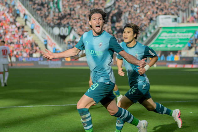 Joe Scally of Mönchengladbach 29 celebrates after scoring the goal on 1 1 11 10 2026 ¢ Soccer ¢ 1. FC Köln vs. Borussia Mönchengladbach, RheinEnergieStadion, Cologne, DFB and DFL regulations prohibit any use of photographs as image sequences and or quasi-video. NRW, Germany Copyright: xpepphotox xHorstxMauelshagenx pep00321, pep_20261011_hm