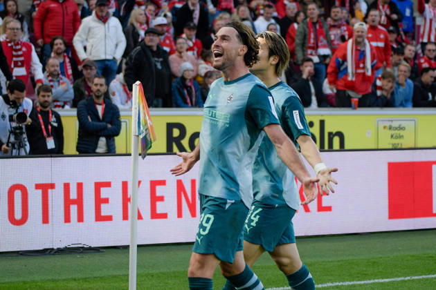 Joe Scally of Mönchengladbach 29 celebrates after scoring the goal on 1 1 11 10 2026 ¢ Soccer ¢ 1. FC Köln vs. Borussia Mönchengladbach, RheinEnergieStadion, Cologne, DFB and DFL regulations prohibit any use of photographs as image sequences and or quasi-video. NRW, Germany Copyright: xpepphotox xHorstxMauelshagenx pep00321, pep_20261011_hm