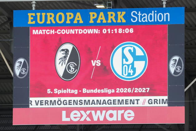 1 Bundesliga: SC Freiburg vs. FC Schalke 04, October 11, 2026; Scoreboard with match countdown: 1 Bundesliga: SC Freiburg vs. FC Schalke 04, Europa-Park Stadium, October 11, 2026 DFB and DFL regulations prohibit any use of photographs as image sequences and or quasi-video. Copyright: xBEAUTIFULxSPORTS Boscox