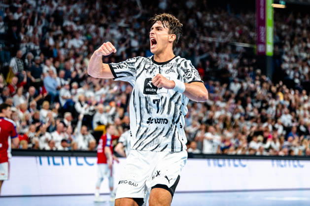 October 11, 2026, xdobgx, Opel HBL Handball, THW Kiel vs. Handball Club Hamburg, l Julian Köster (Kiel), 7 Cheering, Goal celebration, celebrating the goal, celebration Kiel