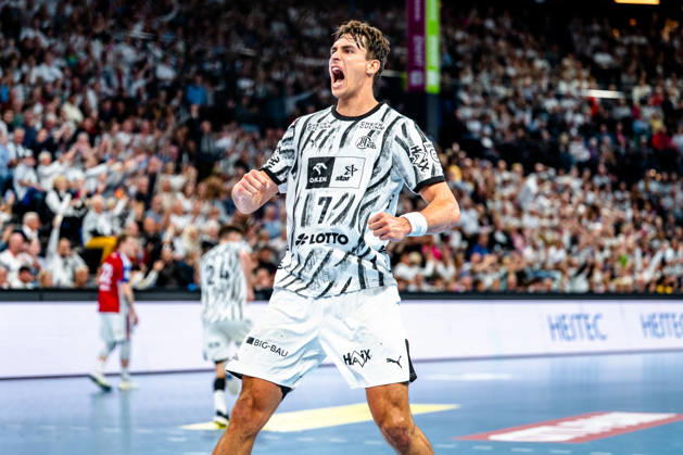 October 11, 2026, xdobgx, Opel HBL Handball, THW Kiel vs. Handball Club Hamburg, l Julian Köster (Kiel), 7 Cheering, Goal celebration, celebrating the goal, celebration Kiel