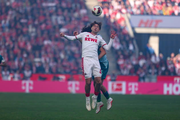 October 11, 2026, xkwix, Soccer, Bundesliga, 1. FC Köln vs. Borussia Mönchengladbach, RheinEnergieSTADION, Matchday 5, 2026–2027 Season: Mikey Moore of 1. FC Köln (No. 47) in a tackle against Philipp Sander of Borussia Mönchengladbach (No. 16). DFB regulations prohibit any use of photographs as image sequences and or quasi-video. Photo: xKamilxWilkowskixPressefotoKochx, North Rhine-Westphalia, Germany