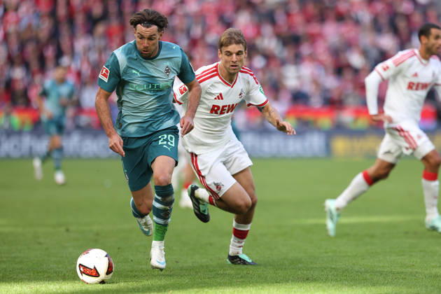 October 11, 2026, xkwix, Soccer, Bundesliga, 1. FC Köln vs. Borussia Mönchengladbach, RheinEnergieSTADION, Matchday 5, 2026–2027 Season: Joe Scally of Borussia Mönchengladbach (No. 29) in a tackle against Borna Sosa of 1. FC Köln (No. 3). DFB regulations prohibit any use of photographs as image sequences and or quasi-video. Photo: xKamilxWilkowskixPressefotoKochx, North Rhine-Westphalia, Germany