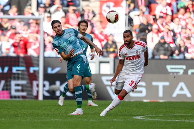 October 11, 2026, xkwix, Soccer, Bundesliga, 1. FC Köln vs. Borussia Mönchengladbach, RheinEnergieSTADION, Matchday 5, 2026–2027 season: Kevin Diks of Borussia Mönchengladbach (4) in a tackle against Linton Maina of 1. FC Köln (37). DFB regulations prohibit any use of photographs as image sequences and or quasi-video. Photo: xKamilxWilkowskixPressefotoKochx, North Rhine-Westphalia, Germany