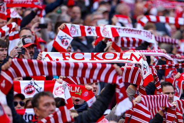 October 11, 2026, xkwix, Soccer, Bundesliga, 1. FC Köln vs. Borussia Mönchengladbach, RheinEnergieSTADION, Matchday 5, 2026–2027 season; scarves in red and white with 1 FC Köln lettering; DFB regulations prohibit any use of photographs as image sequences and or quasi-video; Photo: xKamilxWilkowskixPressefotoKochx; North Rhine-Westphalia, Germany