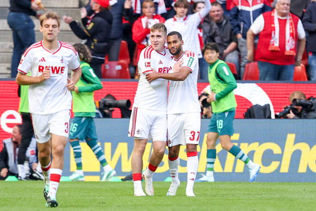 October 11, 2026, xkwix, Soccer, Bundesliga, 1. FC Köln vs. Borussia Mönchengladbach, RheinEnergieSTADION, Matchday 5, 2026–2027 Season: Isak Johannesson of 1. FC Köln (No. 8) celebrates after the 1–0 win with Linton Maina (No. 37). DFB regulations prohibit any use of photographs as image sequences and or quasi-video. Photo: xKamilxWilkowskixPressefotoKochx NorthRhineland-Westphalia, Germany