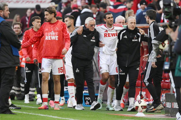 Ellyes Skhiri Injury, 1. FC Köln, October 11, 2026, Soccer, Bundesliga 1, 2026–2027 Season, Matchday 5, 1. FC Köln vs. Borussia Mönchengladbach. DFL regulations prohibit any use of photographs as image sequences and or quasi-video. Cologne, RheinEnergie Stadium, North Rhine-Westphalia, Germany Team2