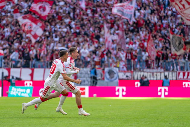 Isak Johannesson (1, FC Cologne, 08) and Said El Mala (1, FC Cologne, 10) celebrating after the 1-0 victory in the match between 1. FC Cologne and Borussia Mönchengladbach, soccer, Bundesliga, Matchday 5, 2026-27 season, October 12, 2026. DFL regulations prohibit any use of photographs as image sequences and or quasi-video, 1. FC Köln vs. Borussia Mönchengladbach, soccer, Bundesliga, Matchday 5, 2026–27 season, October 12, 2026, Cologne Copyright: xEibner-Pressefoto LukasxBaldygax EP_LBA