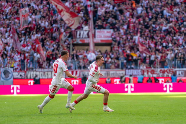 Isak Johannesson (1, FC Cologne, 08) and Said El Mala (1, FC Cologne, 10) celebrating after the 1-0 victory in the match between 1. FC Cologne and Borussia Mönchengladbach, soccer, Bundesliga, Matchday 5, 2026-27 season, October 12, 2026. DFL regulations prohibit any use of photographs as image sequences and or quasi-video, 1. FC Köln vs. Borussia Mönchengladbach, soccer, Bundesliga, Matchday 5, 2026–27 season, October 12, 2026, Cologne Copyright: xEibner-Pressefoto LukasxBaldygax EP_LBA