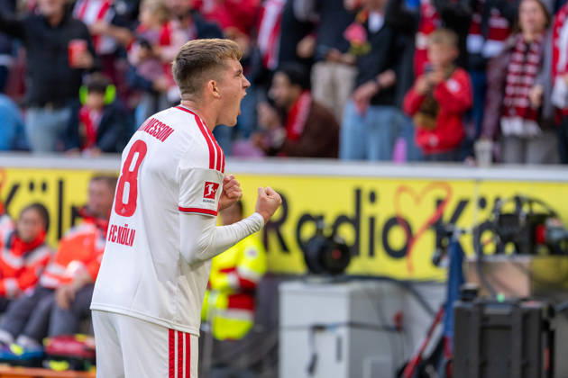 Isak Johannesson of 1. FC Köln celebrates after scoring the 1-0 goal in the match between 1. FC Köln and Borussia Mönchengladbach, soccer, Bundesliga, Matchday 5, 2026-27 season, December 10, 2026, DFL regulations prohibit any use of photographs as image sequences and or quasi-video, 1 FC Köln vs. Borussia Mönchengladbach, Soccer, Bundesliga, Matchday 5, 2026–27 Season, October 12, 2026, Cologne Copyright: xEibner-Pressefoto LukasxBaldygax EP_LBA