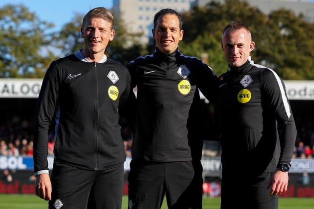 2026-10-11 Excelsior Rotterdam v FC Groningen - Dutch Eredivisie ROTTERDAM, NETHERLANDS - OCTOBER 11: Warming up of Assistant referee Roan van Marrewijk, Referee Richard Martens, Assistant referee Don Frijn during the Dutch Eredivisie match between Excelsior Rotterdam and FC Groningen at Stadion Woudestein on October 11, 2026 in Rotterdam, Netherlands. Rotterdam Stadion Woudestein Netherlands Content not available for redistribution in The Netherlands directly or indirectly through any third parties. Copyright: xHansxvanxderxValkx