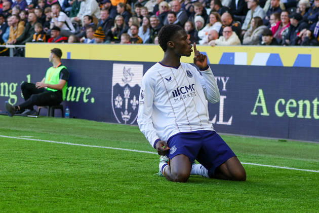 RECORD DATE NOT STATED 11th October 2026; MKM Stadium, Hull, England; Premier League Football, Hull City versus Everton; Thierno Barry of Everton celebrates his goal DavexLofthouse