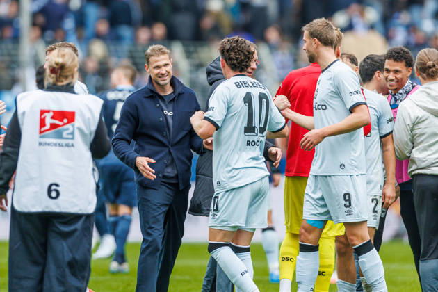Coach Oliver Kirch of DSC Arminia Bielefeld celebrates after the 0-1 victory during the 2. Bundesliga match between VfL Bochum and Arminia Bielefeld at the Ruhrstadion on October 11, 2026, in Bochum, Germany. Photo by Mario Hommes, DeFodi Images. Coach Oliver Kirch of DSC Arminia Bielefeld celebrates after winning during the 2nd Bundesliga match between VfL Bochum and Arminia Bielefeld at Vonovia Ruhrstadion on October 11, 2026 in Bochum, Germany. Photo by Mario Hommes, DeFodi Images. DFB and DFL regulations prohibit any use of photographs as image sequences and or quasi-video. Photo by Mario Hommes, DeFodi Images.