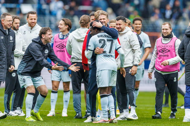 Coach Oliver Kirch of DSC Arminia Bielefeld and Benjamin Boakye of DSC Arminia Bielefeld celebrate after the 0-1 victory during the 2. Bundesliga match between VfL Bochum and Arminia Bielefeld, at the Ruhrstadion on October 11, 2026, in Bochum, Germany. Photo by Mario Hommes, DeFodi Images. Coach Oliver Kirch of DSC Arminia Bielefeld and Benjamin Boakye of DSC Arminia Bielefeld celebrate after winning during the 2nd Bundesliga match between VfL Bochum and Arminia Bielefeld at Vonovia Ruhrstadion on October 11, 2026 in Bochum, Germany. Photo by Mario Hommes, DeFodi Images. DFB and DFL regulations prohibit any use of photographs as image sequences and or quasi-video. Photo by Mario Hommes, DeFodi Images