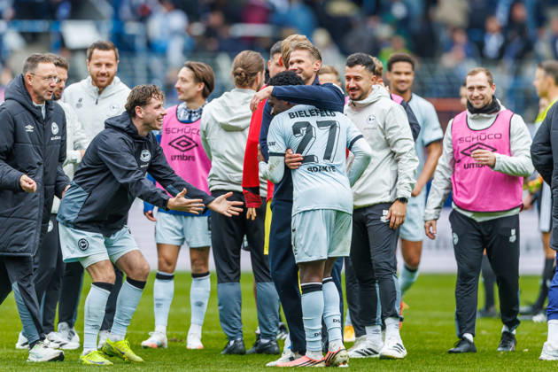 Coach Oliver Kirch of DSC Arminia Bielefeld and Benjamin Boakye of DSC Arminia Bielefeld celebrate after the 0-1 victory during the 2. Bundesliga match between VfL Bochum and Arminia Bielefeld, at the Ruhrstadion on October 11, 2026, in Bochum, Germany. Photo by Mario Hommes, DeFodi Images. Coach Oliver Kirch of DSC Arminia Bielefeld and Benjamin Boakye of DSC Arminia Bielefeld celebrate after winning during the 2nd Bundesliga match between VfL Bochum and Arminia Bielefeld at Vonovia Ruhrstadion on October 11, 2026 in Bochum, Germany. Photo by Mario Hommes, DeFodi Images. DFB and DFL regulations prohibit any use of photographs as image sequences and or quasi-video. Photo by Mario Hommes, DeFodi Images