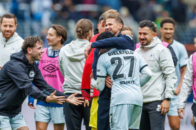 Coach Oliver Kirch of DSC Arminia Bielefeld and Benjamin Boakye of DSC Arminia Bielefeld celebrate after the 0-1 victory during the 2. Bundesliga match between VfL Bochum and Arminia Bielefeld, at the Ruhrstadion on October 11, 2026, in Bochum, Germany. Photo by Mario Hommes, DeFodi Images. Coach Oliver Kirch of DSC Arminia Bielefeld and Benjamin Boakye of DSC Arminia Bielefeld celebrate after winning during the 2nd Bundesliga match between VfL Bochum and Arminia Bielefeld at Vonovia Ruhrstadion on October 11, 2026 in Bochum, Germany. Photo by Mario Hommes, DeFodi Images. DFB and DFL regulations prohibit any use of photographs as image sequences and or quasi-video. Photo by Mario Hommes, DeFodi Images