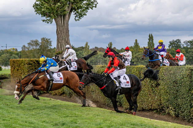 The 136th Grand Pardubice Steeplechase (6,900m), in Pardubice, Czech Republic, on October 11, 2026. From left: James Best on Greek Dessert, Lenka Neprasova on Sacamiro, and Adam Cmiel on Caryjape. (CTKxPhoto DavidxTanecek) CTKPhotoP2026101105181 CTKPhotoP2026101105181
