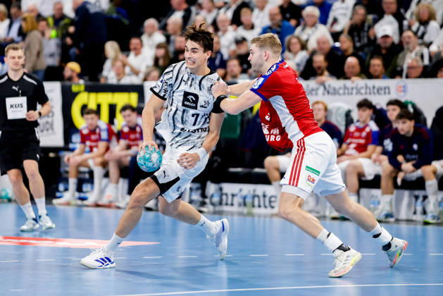 Kiel, October 11, 2026; Handball, 2026–27 Bundesliga 1, THW Kiel vs. Handball Club Hamburg; Julian Köster (THW Kiel), 7; Oliver Norlyk (HC Hamburg), 5