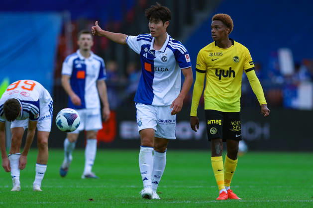 GC Zurich vs. BSC Young Boys, Brack Super League, October 11, 2026: Youngjun Lee (18), Grasshopper Club Zurich (left), and Alvyn Sanches (10), BSC Young Boys in the Brack Super League match between Grasshopper Club Zurich (GCZ) and BSC Young Boys (YB) on October 11, 2026, at Letzigrund Stadium in Zurich, Switzerland Zurich Letzigrund Stadium Zurich Switzerland