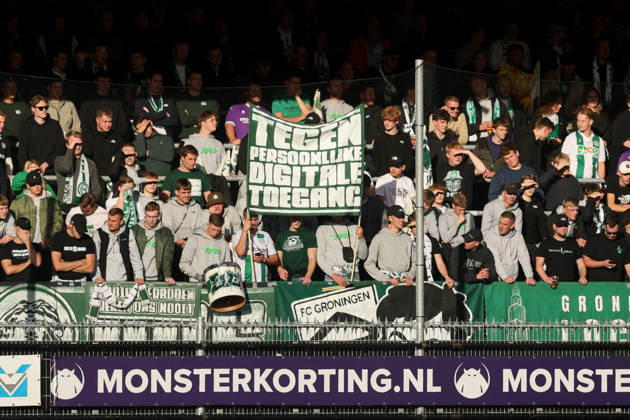 2026-10-11 Excelsior Rotterdam v FC Groningen - Dutch Eredivisie ROTTERDAM, NETHERLANDS - OCTOBER 11: The flag of the Fans and Supporters of FC Groningen during the Dutch Eredivisie match between Excelsior Rotterdam and FC Groningen at Stadion Woudestein on October 11, 2026 in Rotterdam, Netherlands. Rotterdam Stadion Woudestein Netherlands Content not available for redistribution in The Netherlands directly or indirectly through any third parties. Copyright: xHansxvanxderxValkx