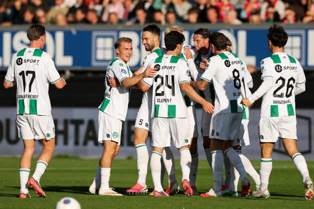 2026-10-11 Excelsior Rotterdam v FC Groningen - Dutch Eredivisie ROTTERDAM, NETHERLANDS - OCTOBER 11: David van der Werff of FC Groningen, Marco Rente of FC Groningen, Pelle Clement of FC Groningen, Thijmen Blokzijl of FC Groningen, Thom van Bergen of FC Groningen, Tika de Jonge of FC Groningen, Brynjolfur Andersen Willumsson of FC GroningenJorg Schreuders of FC Groningen celebrates after scoring the first goal of the team during the Dutch Eredivisie match between Excelsior Rotterdam and FC Groningen at Stadion Woudestein on October 11, 2026 in Rotterdam, Netherlands. Rotterdam Stadion Woudestein Netherlands Content not available for redistribution in The Netherlands directly or indirectly through any third parties. Copyright: xHansxvanxderxValkx