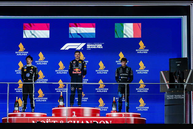 2026 Formula 1 Singapore Grand Prix - Podium MAX VERSTAPPEN (NED) of Oracle Red Bull Racing ANDREA KIMI ANTONELLI (ITA) of Mercedes-AMG PETRONAS Formula One Team CHARLES LECLERC (MON) of Scuderia Ferrari HP LV Trunk Podium on SUNDAY during the 2026 FORMULA 1 SINGAPORE AIRLINES SINGAPORE GRAND PRIX 2026 at MARINA BAY STREET CIRCUIT SINGAPORE on October 11, 2026. Photo by Tan Jun Da ABACAPRESS.COM Singapore Singapore Copyright: xJunxDaxTan ABACAx