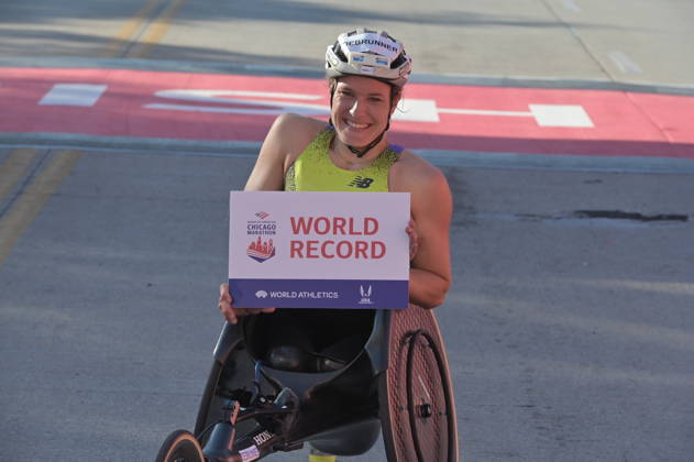 Chicago Marathon 2026 CHICAGO, UNITED STATES - OCTOBER 11: Swiss wheelchair racer Catherine Debrunner wins women’s professional wheelchair division in an unofficial world record time of 1:33:16 at the 2026 Bank of America Chicago Marathon in Chicago, United States on October 11, 2026. Jacek Boczarski Anadolu Chicago United States. Editorial use only. Please get in touch for any other usage.  Copyright: x2026xAnadoluxJacekxBoczarskix