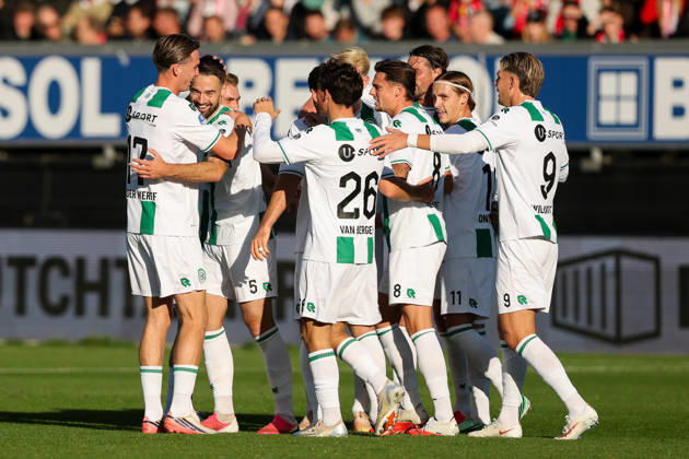 2026-10-11 Excelsior Rotterdam v FC Groningen - Dutch Eredivisie ROTTERDAM, NETHERLANDS - OCTOBER 11: David van der Werff of FC Groningen, Marco Rente of FC Groningen, Pelle Clement of FC Groningen, Thijmen Blokzijl of FC Groningen, Thom van Bergen of FC Groningen, Tika de Jonge of FC Groningen, Brynjolfur Andersen Willumsson of FC GroningenJorg Schreuders of FC Groningen celebrates after scoring the first goal of the team during the Dutch Eredivisie match between Excelsior Rotterdam and FC Groningen at Stadion Woudestein on October 11, 2026 in Rotterdam, Netherlands. Rotterdam Stadion Woudestein Netherlands Content not available for redistribution in The Netherlands directly or indirectly through any third parties. Copyright: xHansxvanxderxValkx