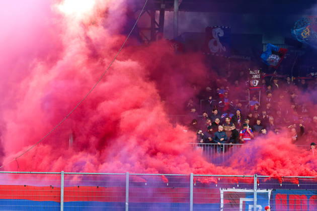 Soccer Liechtenstein Brack Super League 2026–2027, Matchday 10, October 11, 2026, 4:30 p.m. FC Vaduz vs. FC Basel 1893 Rheinpark Stadium, Vaduz, Liechtenstein Colored smoke flares from the Basel fans at the Rheinpark Stadium in Vaduz, Liechtenstein Copyright: xAmiirxAmedjouax