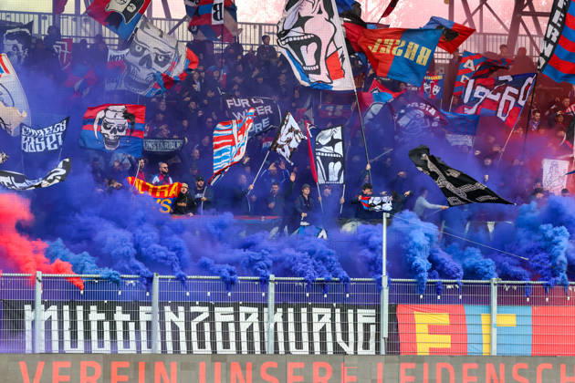 Soccer Liechtenstein Brack Super League 2026–2027, Matchday 10, October 11, 2026, 4:30 p.m. FC Vaduz vs. FC Basel 1893 Rheinpark Stadium, Vaduz, Liechtenstein Colored smoke flares from the Basel fans at the Rheinpark Stadium in Vaduz, Liechtenstein Copyright: xAmiirxAmedjouax