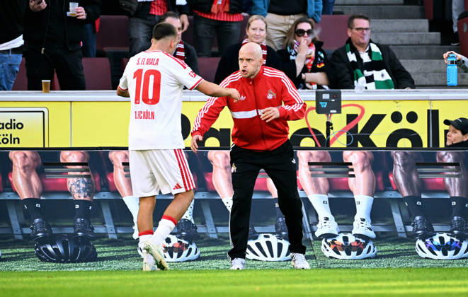 Cologne, Germany, Bundesliga 1, Matchday 5, Rhein Energie Stadium Cologne, 1. FC Köln vs. Borussia Mönchengladbach; Said El Mala celebrates after scoring, alongside head coach Rene Wagner; FC Celebration, Joy, Action