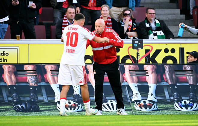 Cologne, Germany, Bundesliga 1, Matchday 5, Rhein Energie Stadium Cologne, 1. FC Köln vs. Borussia Mönchengladbach; Said El Mala celebrates after scoring, alongside head coach Rene Wagner; FC Celebration, Joy, Action