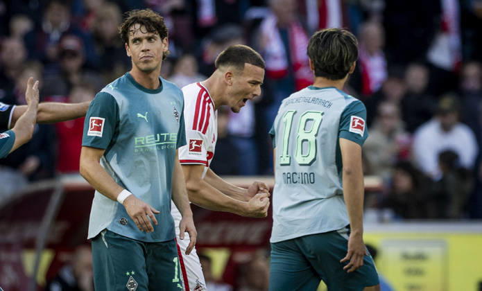 Cologne, Germany, Oct. 11, 2026 Goal Celebration: Said El Mala, Cologne; Philipp Sander, BMG; Shuto Machino, BMG; 1. FC Cologne vs. Borussia Mönchengladbach, Oct. 10, 2026