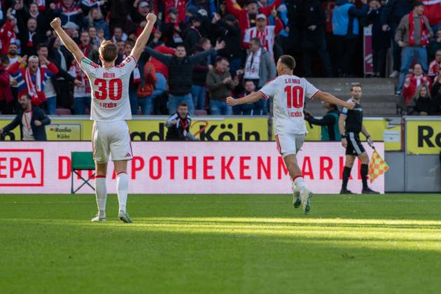 Said El Mala, midfielder, 1. FC Köln 10, celebrating after the 2–1 win, 1. FC Köln vs. Borussia Mönchengladbach, soccer, Bundesliga, Matchday 5, October 11, 2026. DFB and DFL regulations prohibit any use of photographs as image sequences and or quasi-video. Cologne, North Rhine-Westphalia, Germany Copyright: xkolbert-press MartinxWdziecznyx
