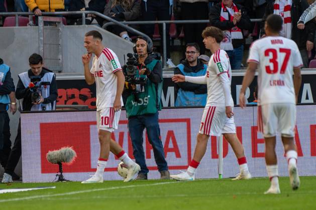 Said El Mala, midfielder, 1. FC Köln 10, celebrating after the 2–1 win, 1. FC Köln vs. Borussia Mönchengladbach, soccer, Bundesliga, Matchday 5, October 11, 2026. DFB and DFL regulations prohibit any use of photographs as image sequences and or quasi-video. Cologne, North Rhine-Westphalia, Germany Copyright: xkolbert-press MartinxWdziecznyx